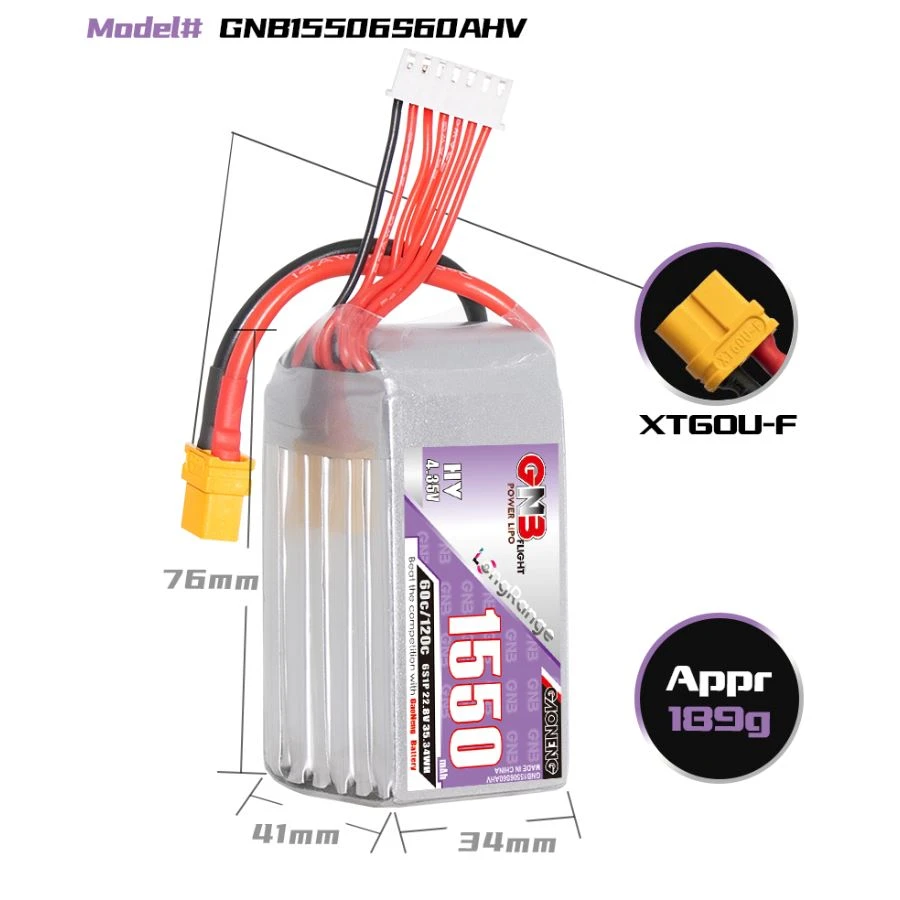 GNB 1550mAh 6S 60C LiHV Battery 4 GNB 1550mAh 6S 60C LiHV Battery - Image 2